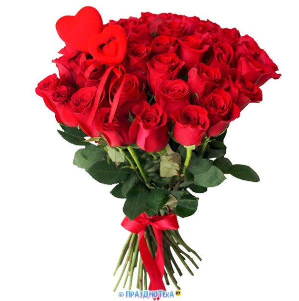 Прекрасный букет красных роз и сердечками сверху