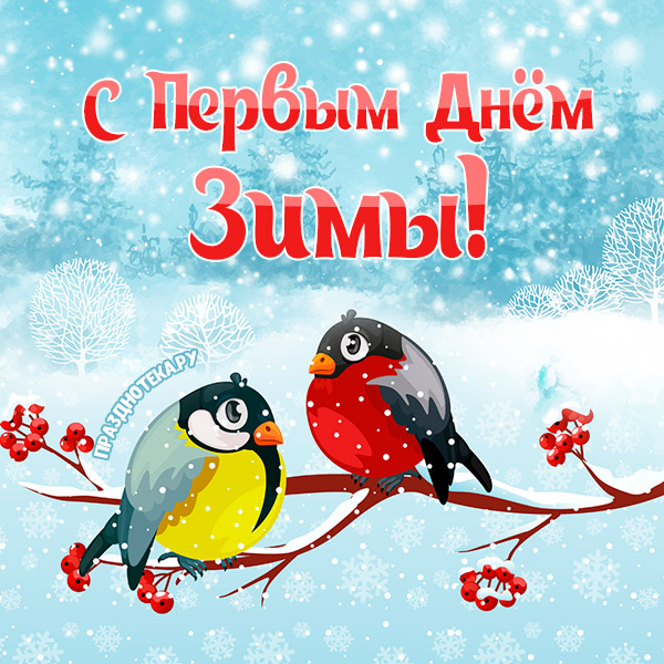 Шикарная авторская открытка с первым днём зимы "2 снегиря"